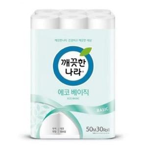 깨끗한나라 화장지 에코베이직 2겹 50m 30롤 x 1팩 순수