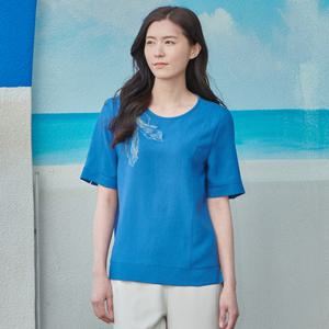 [기타][지센] 여성 린넨라이크 프린트 반팔 티셔츠 LFTSL502_BL