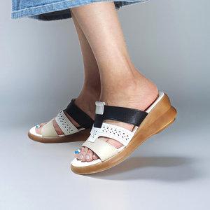 룩펠 투톤즈 초경량 소가죽 여름 여성 통굽 웨지 샌들 6cm