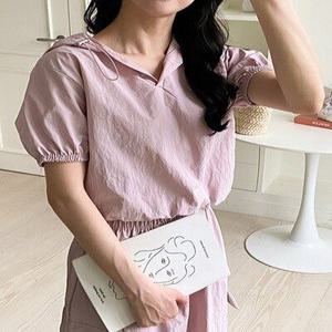 [메이비누스]여름 바스락 얇은 나일론 후드 스트링 숏 반팔 후드티