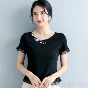 순면 여름 꽃자 하이웨이스트 소매 티셔츠 망사 블라우스 여성 라틴댄스복 상의 라인댄스