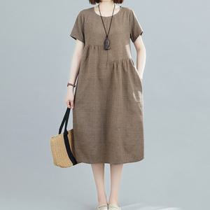 빅사이즈 린넨 체크 롱원피스 여름 반팔 루즈핏 M~2XL 양쪽 포켓 편한 휴양지 원피스