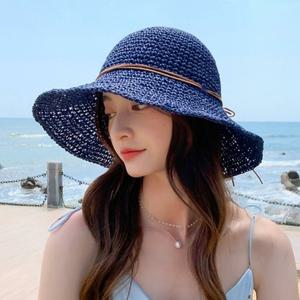 여자 여름 왕골 브라운 블루 라피아햇 리본 썬햇 모자