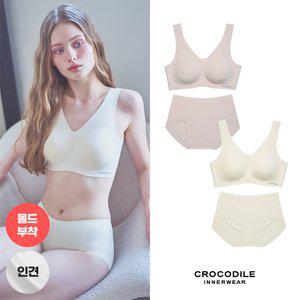 [크로커다일]라이크라 인견쉘론 몰드부착 V넥 감탄브라+팬티 4종세트 CDW5N2729_T