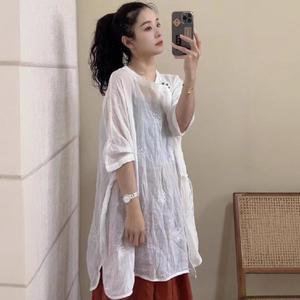 마킷3 여성 루즈핏 셔츠 빈티지 여름 레이어드 모시 자수 캐주얼 상의 JEN1