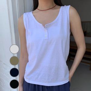 린넨 면 단추 반오픈 나시 민소매 여름 슬리브리스 기본 티셔츠