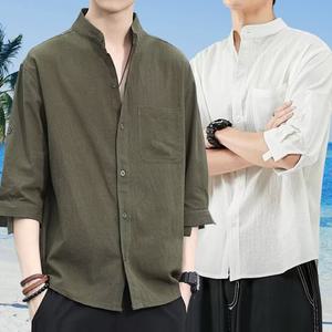 여름용 남성 린넨 차이나카라 셔츠 7부 소프트 캐주얼 반팔 남방
