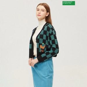 베네통 강아지 자수 체크 니트 가디건 BAKC67361GN