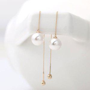 14K GOLD 진주 롱 체인 드롭 금 피어싱 귀걸이
