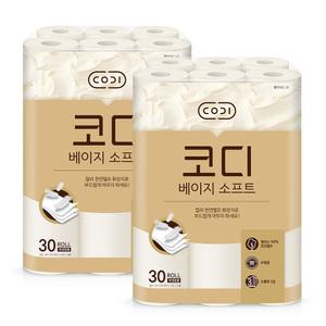 코디 베이지소프트 3겹 천연펄프 롤화장지 30m, 30롤, 2개