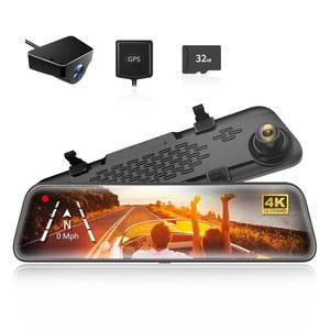 WOLFBOX G840S 12인치 4K 미러 블랙 캠 백업 카메라, 2160P 풀 HD 스마트 백미러, 전면 및 후면 뷰 듀얼 야간 투시, 주차 지원, 32GB 카드 GPS 포함