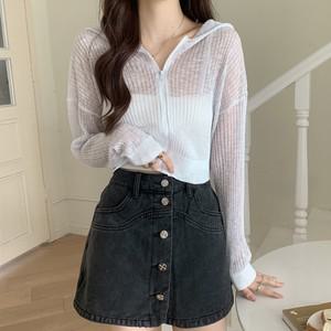 여성 레이어드 크롭 시스루 집업 후드 가디건 CHA-WCD-20364-멜란지그레이