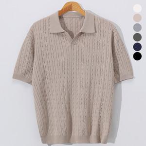 [후앙스]꽈배기 비스코스 오픈 카라넥 반팔 니트 티셔츠 GOCT5074