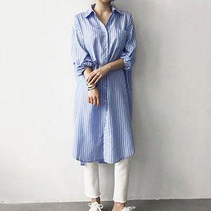 [기타]여성 밑단 절개 스트라이프 롱셔츠 1P 간절기 남방 간절기남방