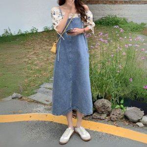여성 청원피스 여름 뷔스티에 데님 끈원피스 청치마