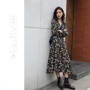 롱원피스 구제 브이넥 여성 데이트룩 허리끈 원
