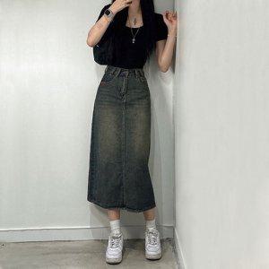 롱스커트 청롱 치마 트임 여성 제품 품 스커트