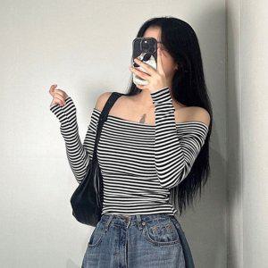 스트라이프티 티셔츠 쫄티 오프숄더 2color