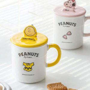 스누피 세라믹 뚜껑 거치 스푼 머그컵 410ml 1P 물컵