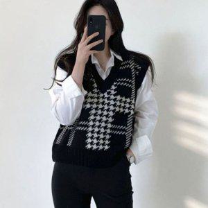 체크 여성 니트 조끼 여자 브이넥 크롭 베스트 니트조끼 니트베스트