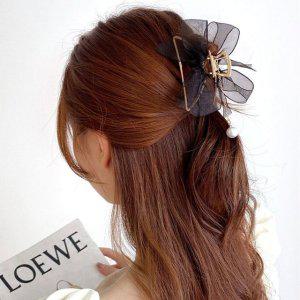 단발올림머리 반머리핀 골프리본핀 블랙 꽃 헤어