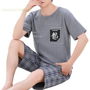 여름 4XL 니트 코튼 반팔 남성 잠옷 세트 남성 잠옷 세트 격자 무늬 잠옷 남성용 잠옷 정장 Homewear Size