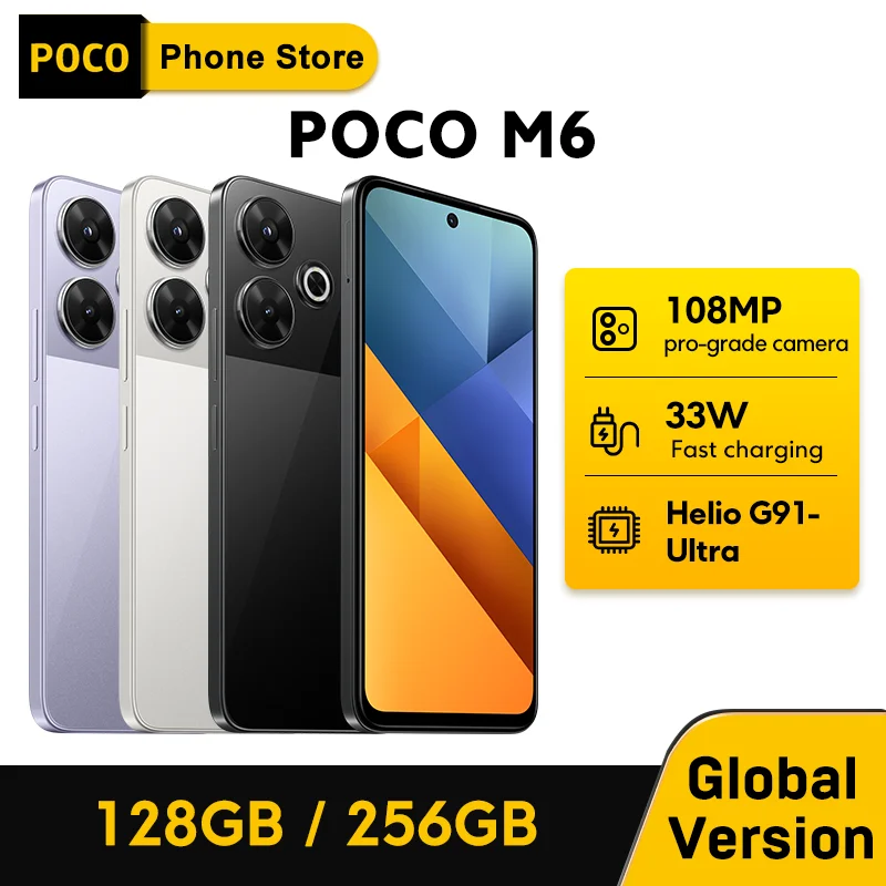 POCO M6 글로벌 버전 스마트폰 128GB 256GB 미디어텍 Helio G91 울트라 6.79인치 90Hz 디스플레이 33W 고속 충전 5030mAh 배터리