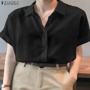 2025 여름 오버 사이즈 셔츠 여성 셔츠 ZANZEA 패션 루즈 솔리드 탑 반팔 블라우스 캐주얼 솔리드 버튼 다운 블라우스