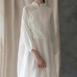 여성용 중국 개량 치파오 원피스, 용수철 화이트 원피스, 느슨한 중국 스타일, 빈티지 코튼 리넨 원피스, 2025 여름