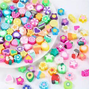 1팩 100개 랜덤 폴리머 클레이 별 & 과일 & 꽃 & 하트 & 비즈 여성용 DIY 팔찌 목걸이 쥬얼리 만들기