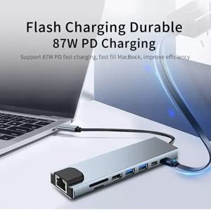MacBook 노트북용 SD TF 카드 리더기 RJ45 PD 고속 충전 기능이 있는 USB 8-in-1 유형 C 허브 어댑터