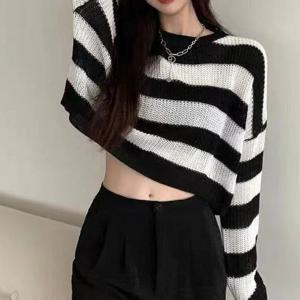 새로운 한국어 스타일 스트라이프 자른 스웨터 여성 빈티지 특대 니트 점퍼 여성 가을 ​​긴 소매 오-넥 풀오버 탑