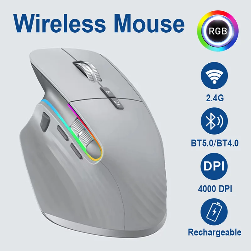 컴퓨터 게임 사무실을 위한 2.4G 무선 마우스 블루투스 RGB 충전식 인체공학적 디자인 컴퓨터 마우스