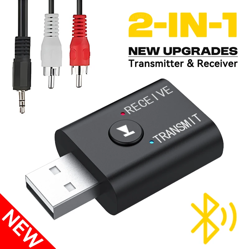 2 In 1 Bluetooth 오디오 송신기 수신기, HD 마이크 3.5mm AUX USB 스테레오 음악 무선 어댑터, 차량용 키트 스피커 TV PC 용