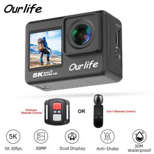 Ourlife 5K 4K60FPS 액션 카메라 IPS 터치 LCD EIS 170 °   DVR 30M 방수 5X 줌 스포츠 카메라(무선 마이크 및 리모컨 포함)