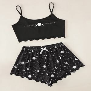 여름 잠옷 세트 여성 잠옷 스타 문 프린트 민소매 슬링 자르기 탑과 반바지 세트 Homewear Loungewear Pijama