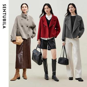 SENTUBILA 여성용 100% 울 코트 겨울 자켓 2024 스탠드 터틀넥 양면 짧은 겉옷 여성 의류 W44O56626