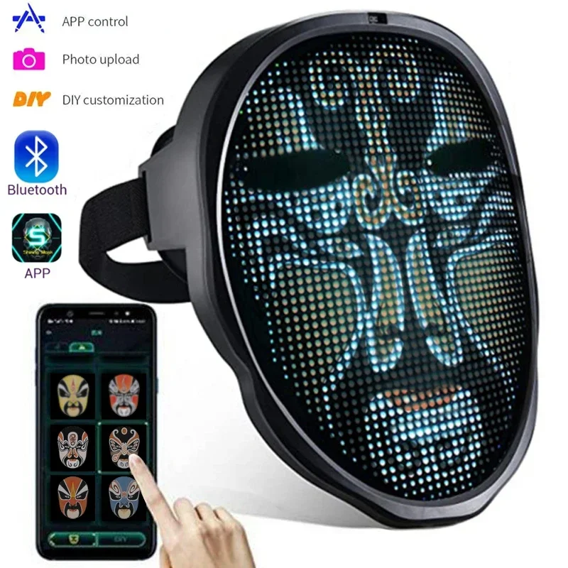 블루투스 APP 제어 스마트 카니발 Led 페이스 마스크 디스플레이 Led 라이트 업 마스크 프로그래밍 가능한 변경 얼굴 DIY Photoes for Halloween