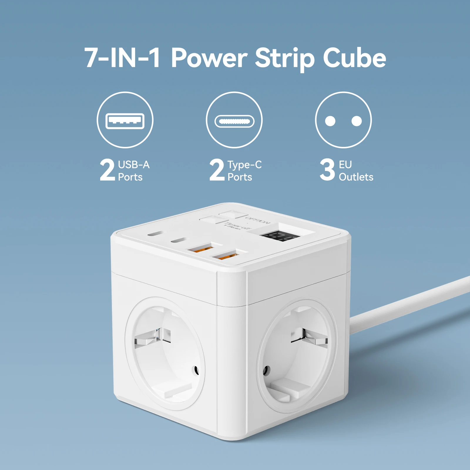 1 7-in-1 EU 전원 스트립, 전원 스트립 서지 보호기, 1.5m 연장 코드, AC 콘센트 3개 USB 3개 Type-C, 시간 제한 데스크탑 충전