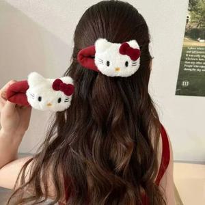 Sanrio 헬로 키티 머리핀 가을, 겨울 귀여운 플러시 키티 달콤한 빨간 활 머리핀 소녀 앞머리 만화 BB 헤어 액세서리