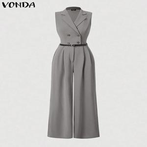 VONDA 여성용 단색 점프수트, 2024 민소매 플레이수트, 우아한 롬퍼, 캐주얼 라펠 칼라, 와이드 레그 하의, 오버사이즈