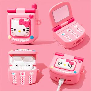귀여운 헬로 키티 플립 전화 실리콘 이어폰 케이스 Apple Airpods Pro 2 에어 포드 4 2 3 1 무선 헤드폰 보호 커버