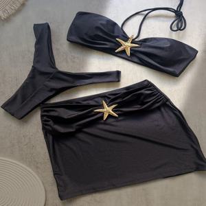 스커트와 함께 메탈 스타 하이 레그 컷 비키니 여성 수영복 여성 수영복 3 피스 비키니 세트 Bather 수영복 수영