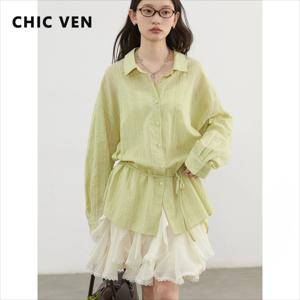 CHIC VEN 여성용 긴팔 셔츠, 줄무늬 허리 셔츠, 자외선 차단 블라우스, 용수철 여름, 2025