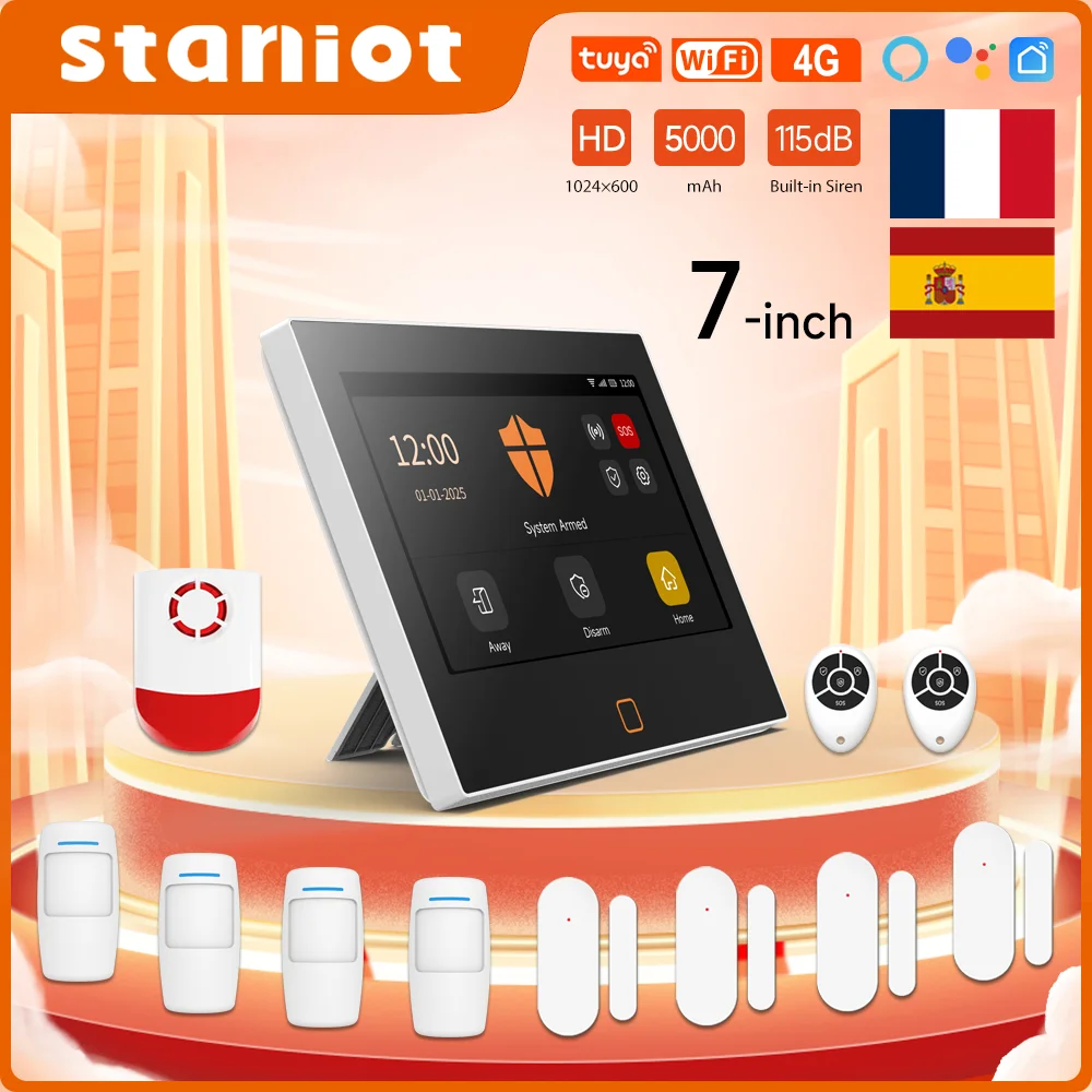 Staniot 7 인치 홈 경보 시스템 무선 WiFi 4G Tuya 스마트 보안 보호 키트 내장 115dB 더 큰 사이렌 5000mAh 배터리