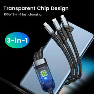 3-in-1 100W 고속 충전 케이블 USB To Type-C 마이크로 고속 충전기 케이블 PD For iPhone 14 13 12 11 Samsung S23 Xiaomi Huawei Lamp
