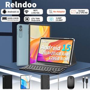 Relndoo Android 15 태블릿 10.1인치, 24GB(4+20 확장) RAM 128GB ROM, WiFi, T606 옥타 코어 프로세서, 마우스, 키보드, 케이스 포함