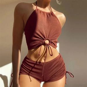 갈색 늑골이있는 수영복 반바지 수영복 여성 고삐 비키니 세트 문자열 Drawstring 수영복 Beachwear 섹시한 비키니 2025 Mujer