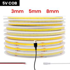 초박형 COB LED 스트립 조명, 고휘도 유연한 LED 테이프 램프, 가정용 선형 조명, RA90, 5V, 320LEDs/m, 3mm, 5mm, 8mm
