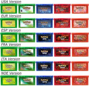 32 비트 비디오 게임 카트리지 GBA 게임 콘솔 카드 포켓몬 에메랄드 화재 붉은 잎 녹색 루비 사파이어 반짝이 라벨 팬 선물